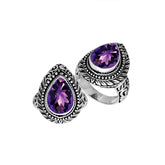 Sterling Silver Pear Shape Amethyst Quartz Ring With Balinese Carved Band For Women
